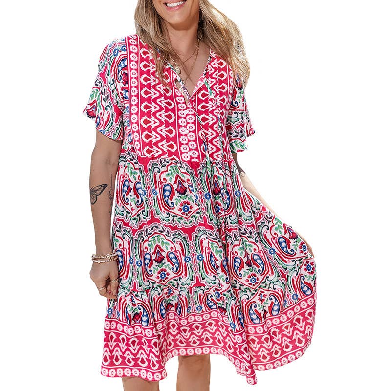 Stylish loose boho print mid-length dress