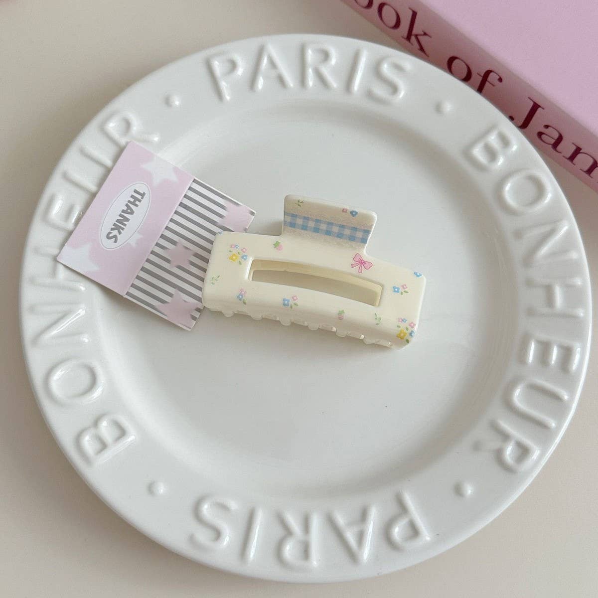 FLORAL CHECKERED BOW CLIP ACRYLIC HAIR ACCESSORIES