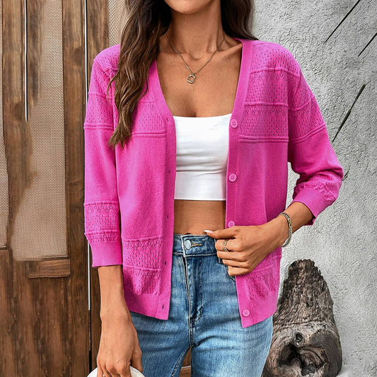 Three-quarter sleeve hollowed-out V-neck cardigan