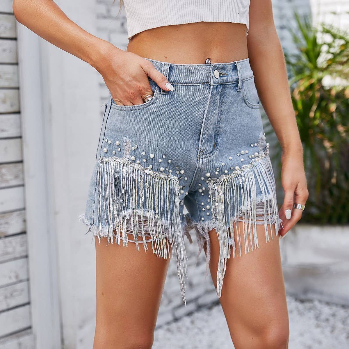 WASHED DIAMOND BEADED DENIM SHORTS FRINGE HOT PANTS