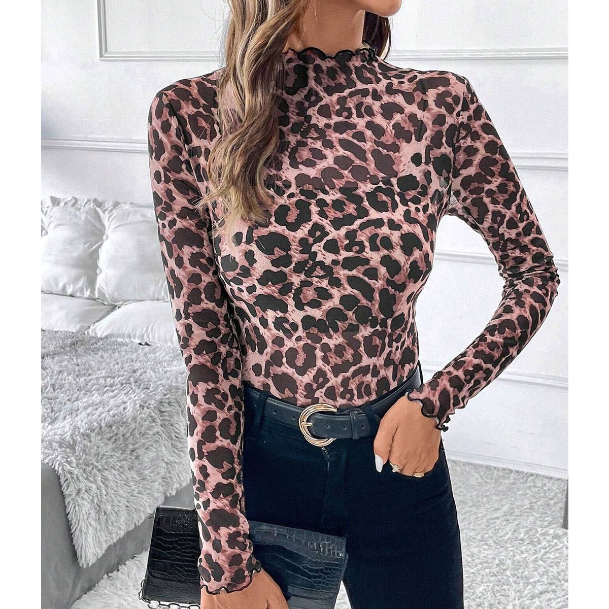 SEXY LEOPARD PRINT MESH FITTED T-SHIRT