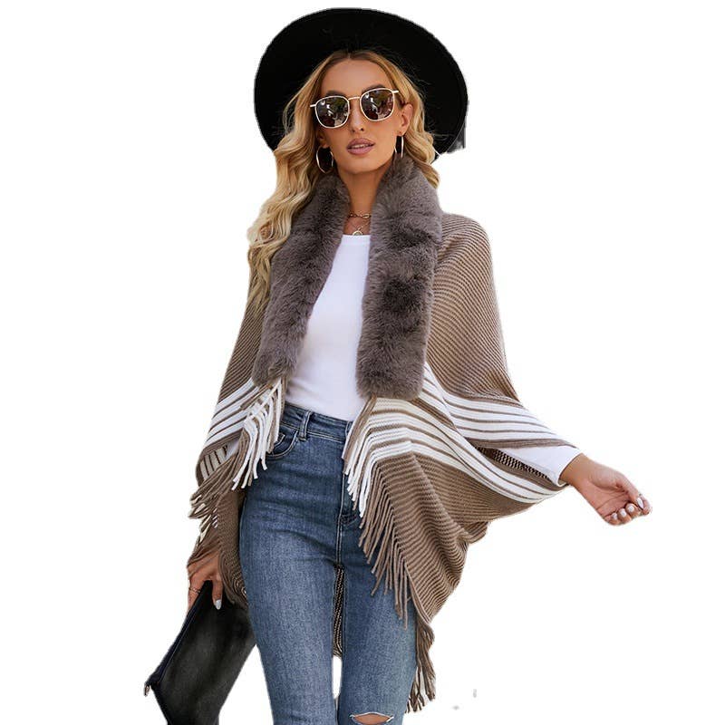 FRINGE CAPE SHAWL KNIT STRIPED FUR COLLAR SCARF