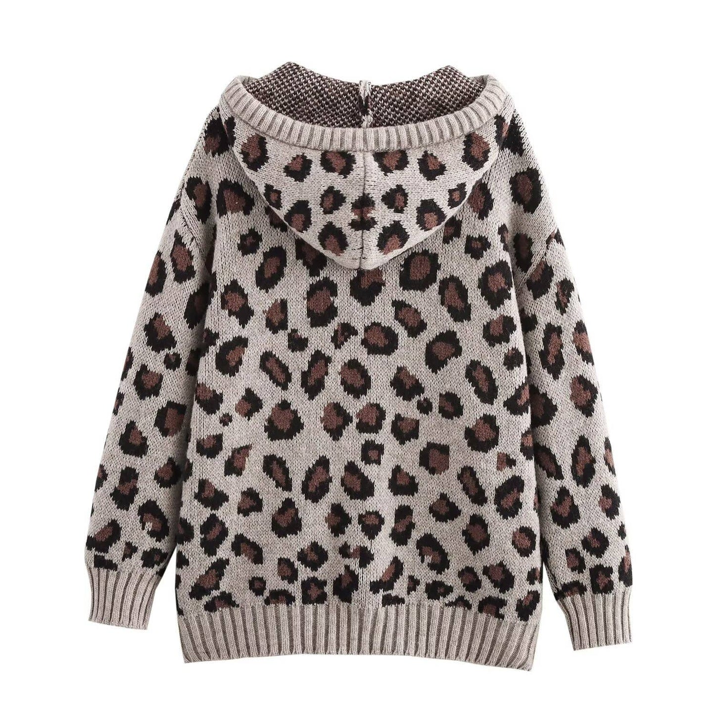 LEOPARD PRINT JACQUARD HOODED KNIT JUMPER