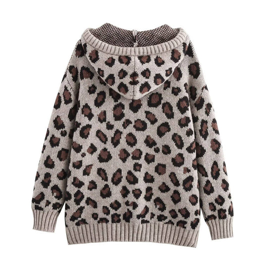 LEOPARD PRINT JACQUARD HOODED KNIT JUMPER