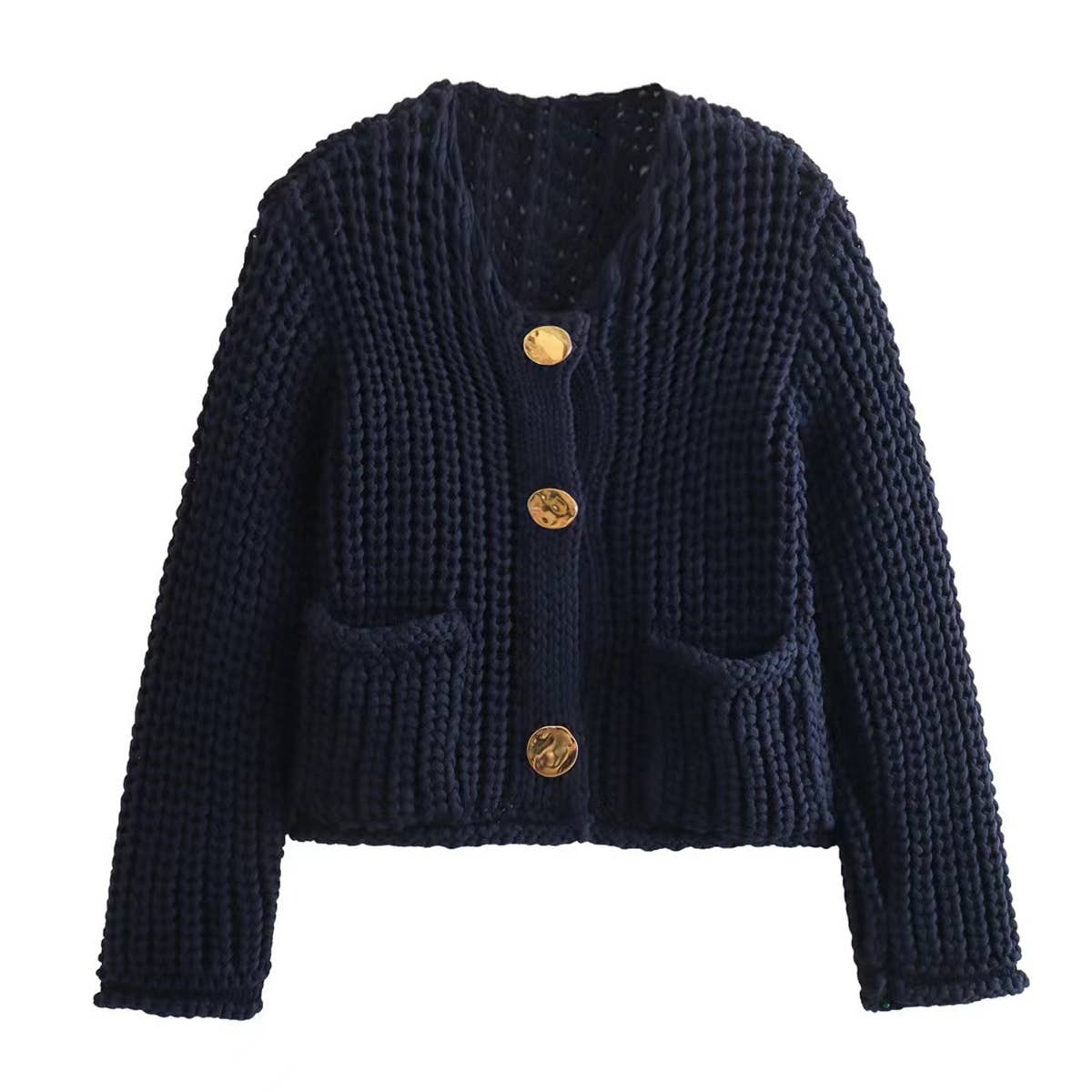 SOLID COLOR SINGLE ROW ROUND BUTTON KNIT CARDIGAN