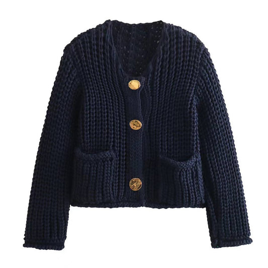 SOLID COLOR SINGLE ROW ROUND BUTTON KNIT CARDIGAN