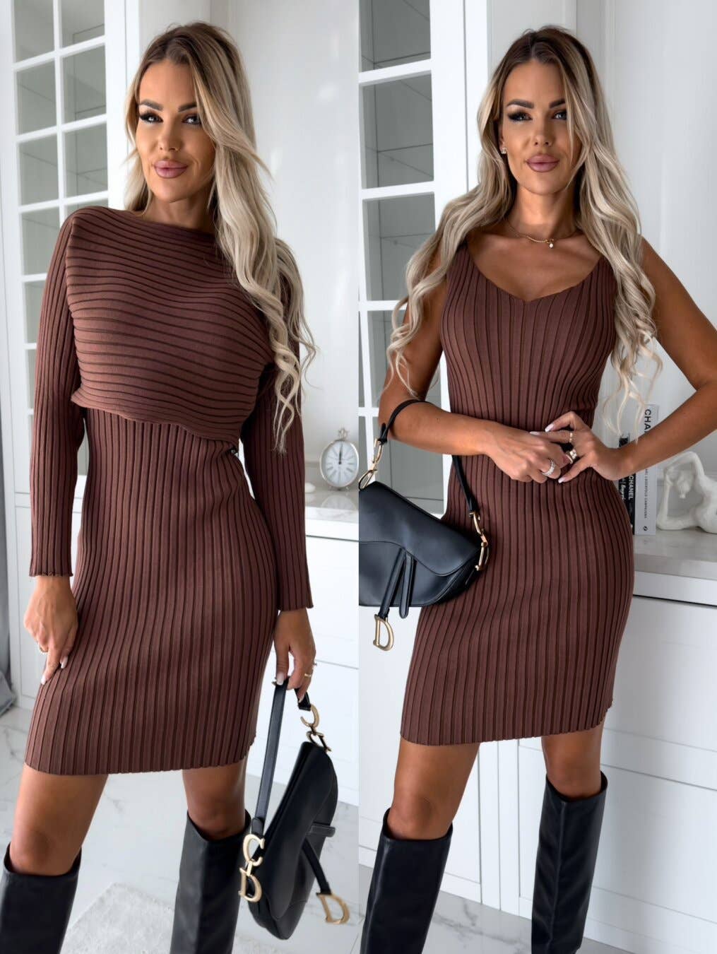 PIT STRIP LONG SLEEVE TOP SLIP SKIRT TWO-PIECE SET