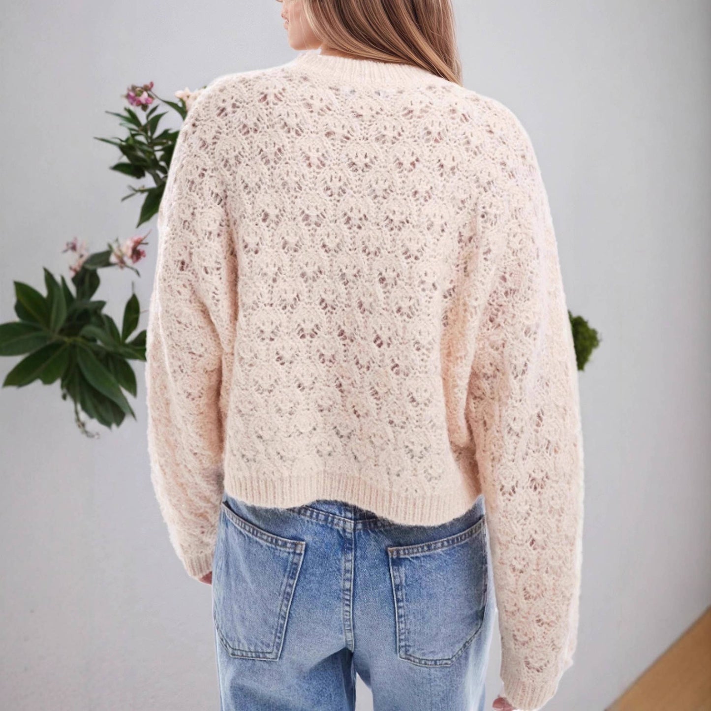Hook-patterned hollowed-out pullover sweater