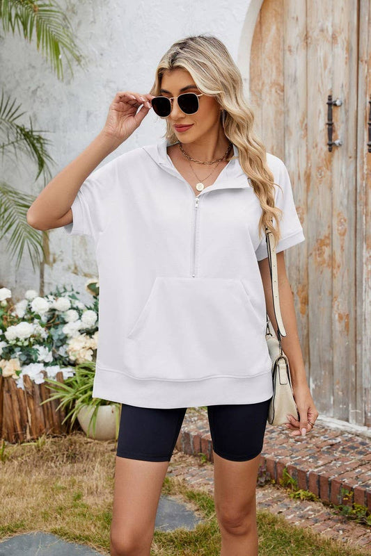 CWOHOS0018_LOOSE FIT ZIPPER SHORT SLEEVE HOODED SWEATSHIRT