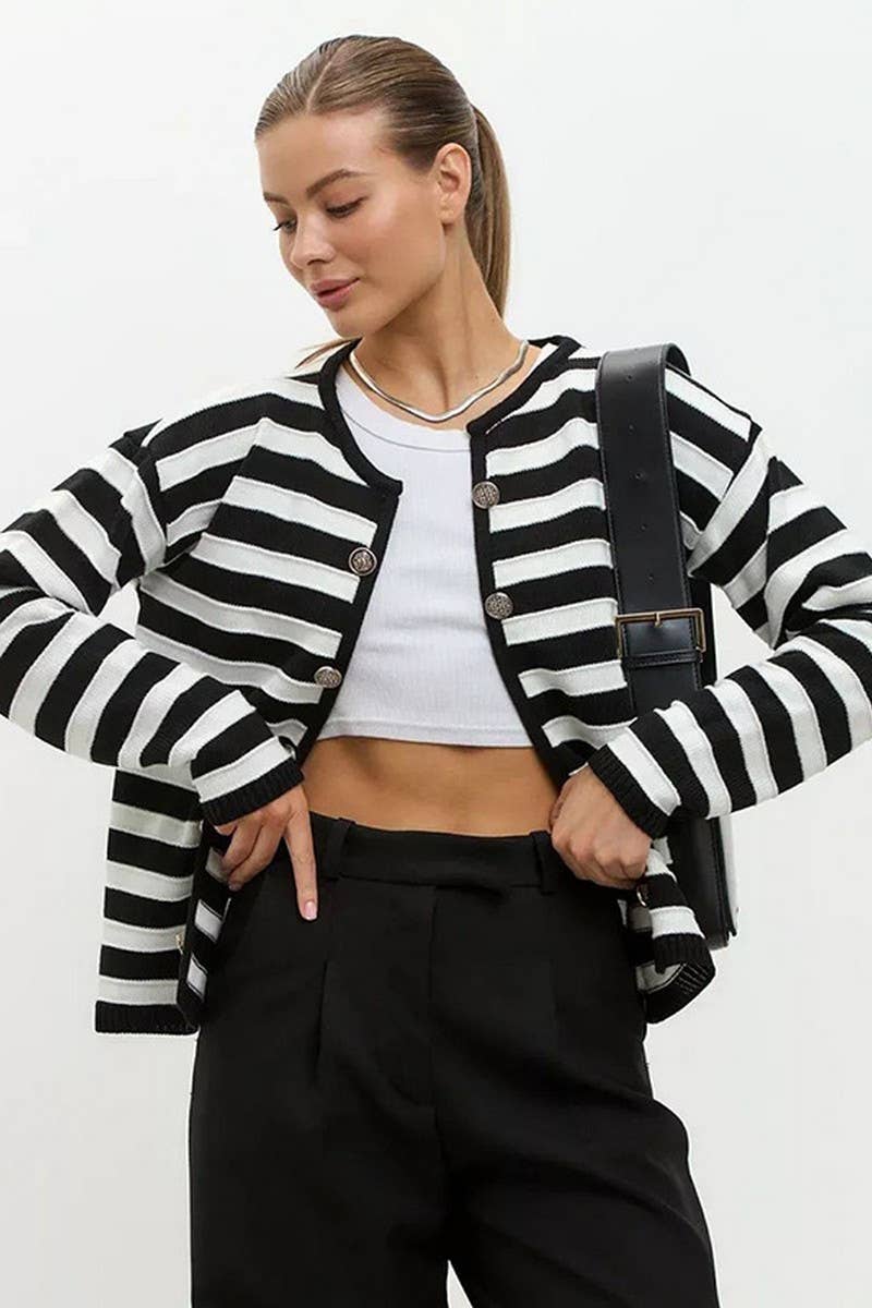 Temperament slim striped knit cardigan