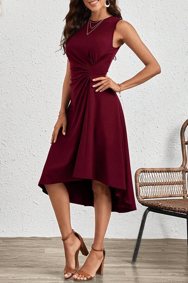 CWDSD7523_SUMMER FASHION SOLID COLOR CRUMPLED DRESS