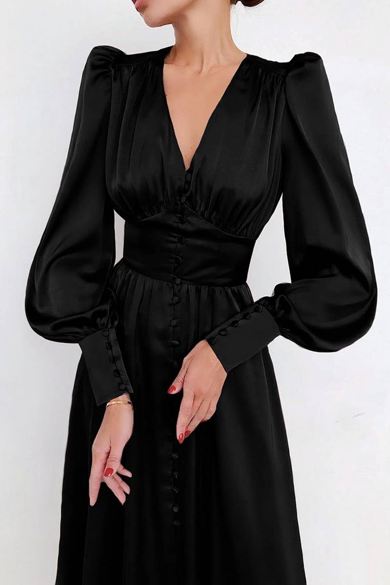 CWDMD4255_V-NECK SATIN PALACE RETRO LONG SLEEVE DRESS