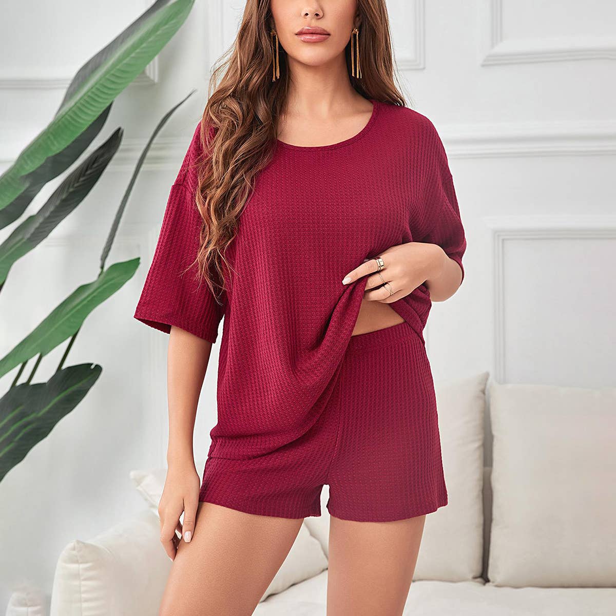 Waffle short-sleeved shorts house suit