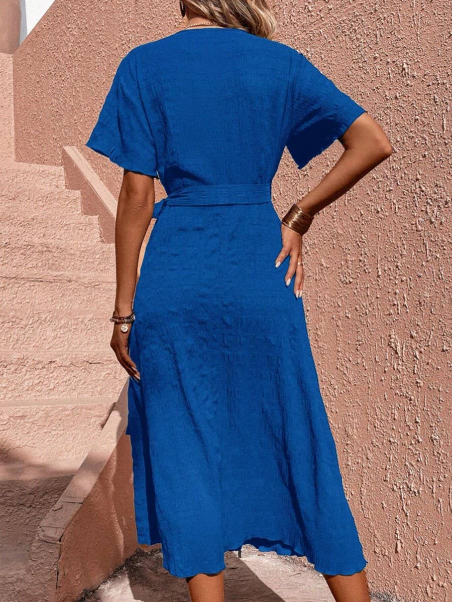 One-piece casual dress with side bow edge wrap