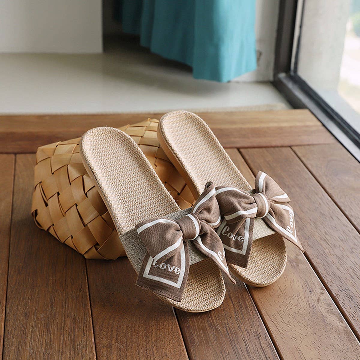 Linen Bow Slippers with Soft Anti-Slip Sole