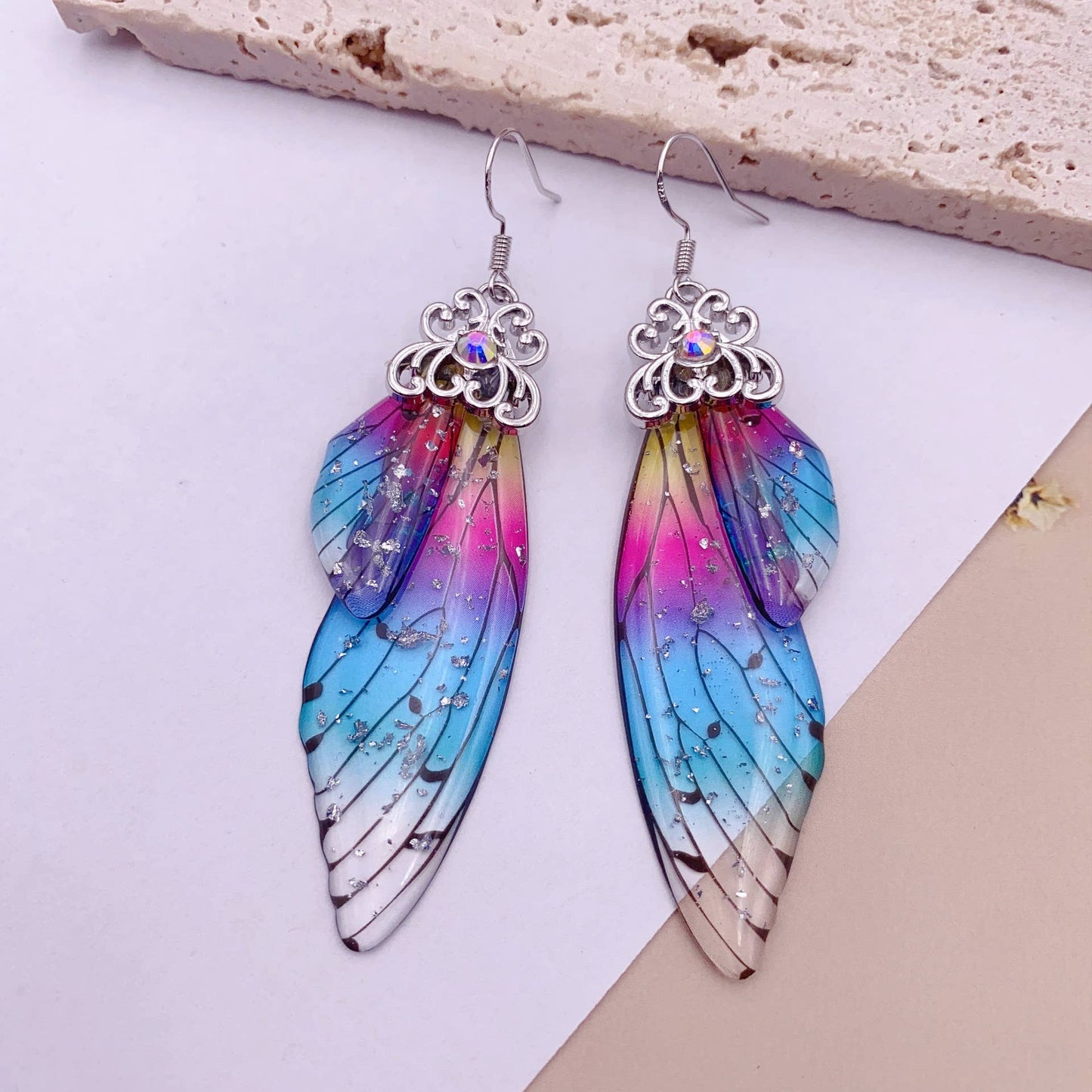 Elegant long earrings with cicada wing wings