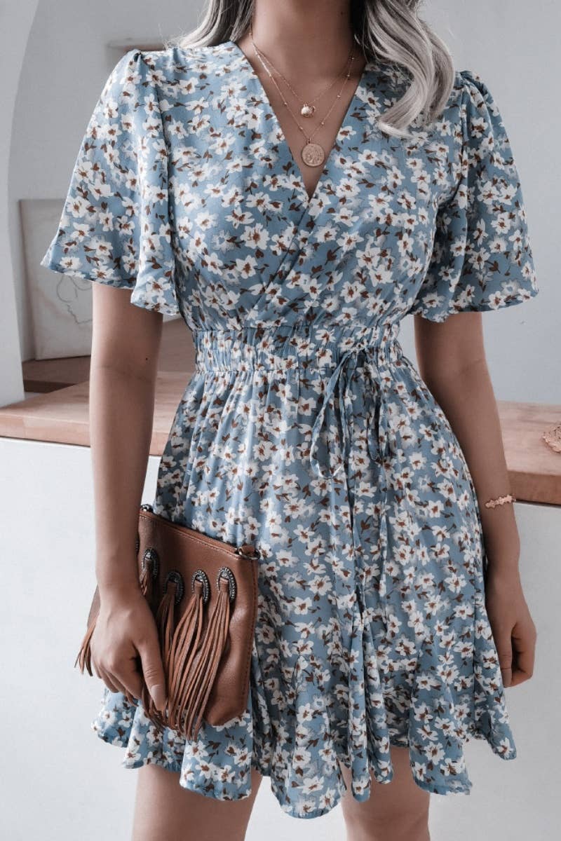 CWDSD4717_V-NECK FLORAL RUFFLED PLEATED DRESS SHORT