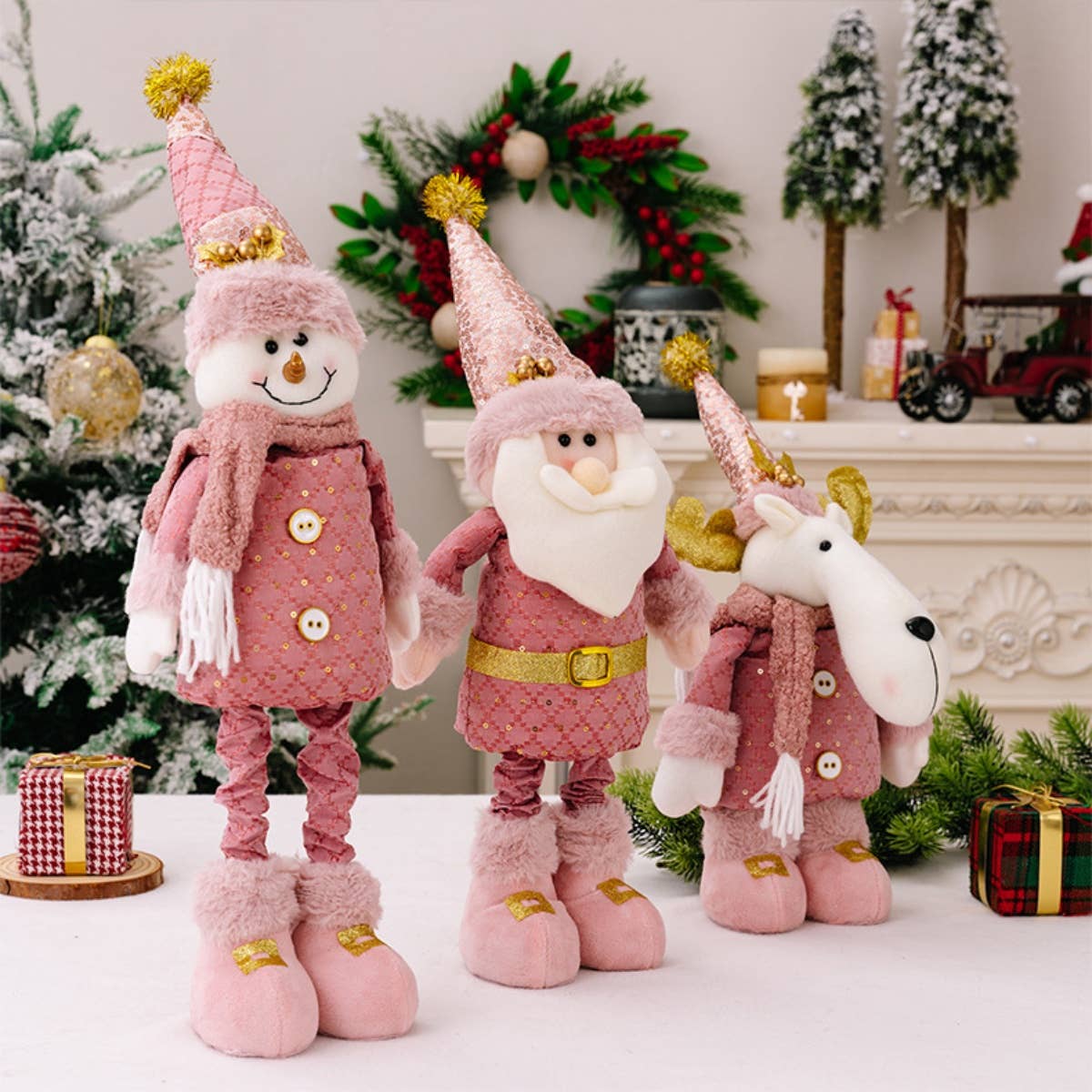 CWMM2995_PINK SANTA DOLL RETRACTABLE ELK DECORATION