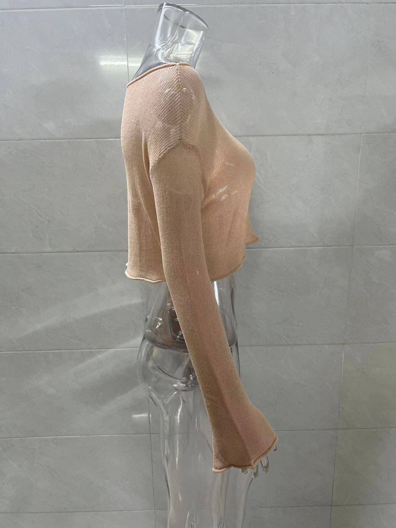 See-through flared sleeve pullover knitted smock