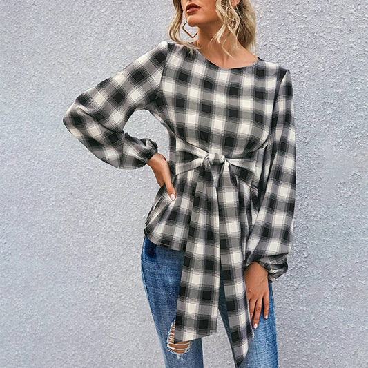 Plaid Crew Neck Loose Long-Sleeved T-Shirt