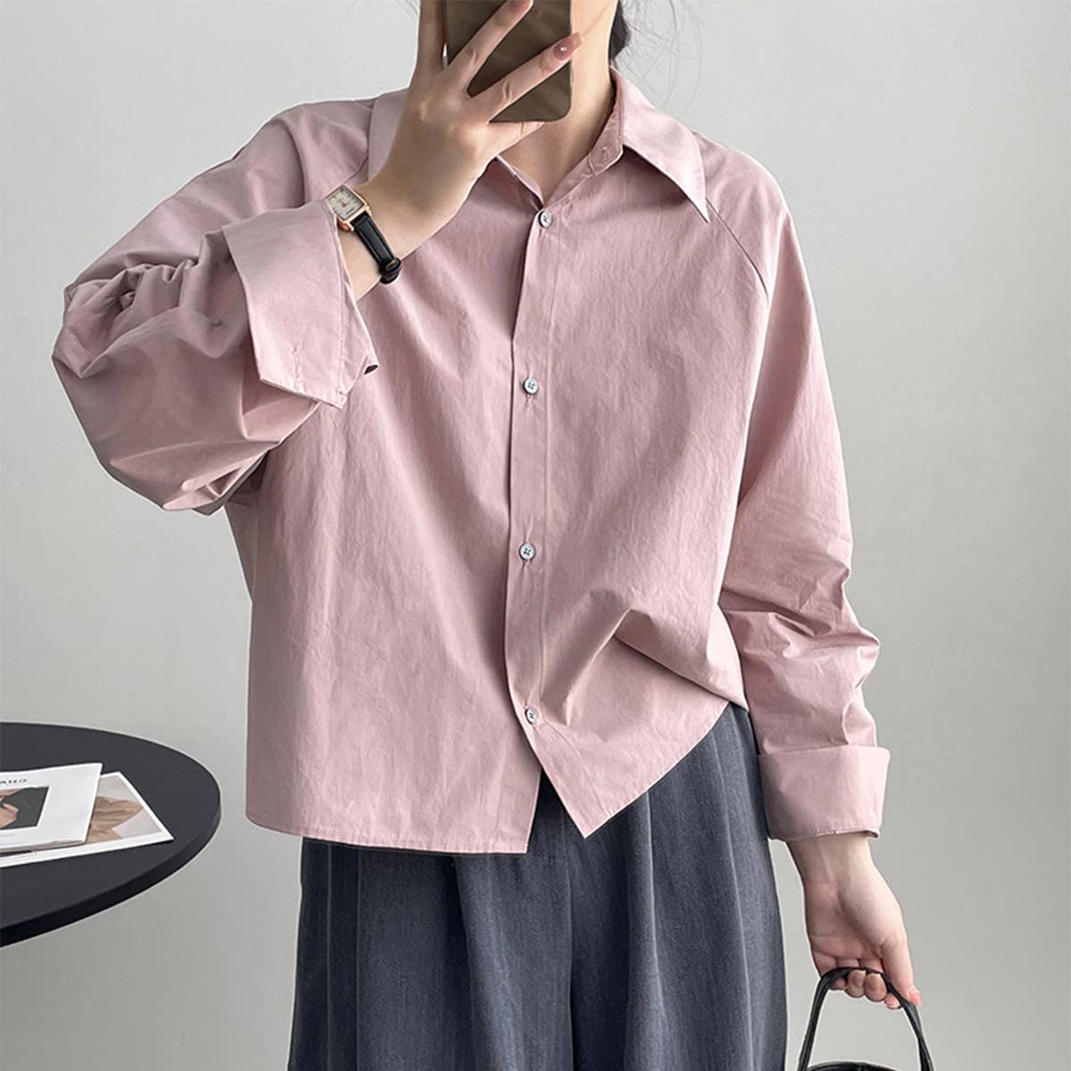 Simple solid color long sleeve short shirt