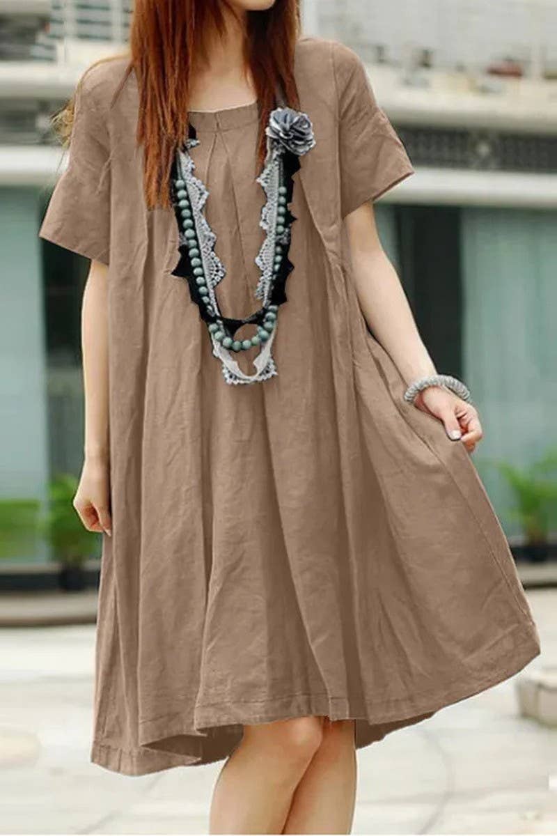 CWDSD5500_LOOSE PLEATED ROUND NECK SHORT SLEEVE DRESS