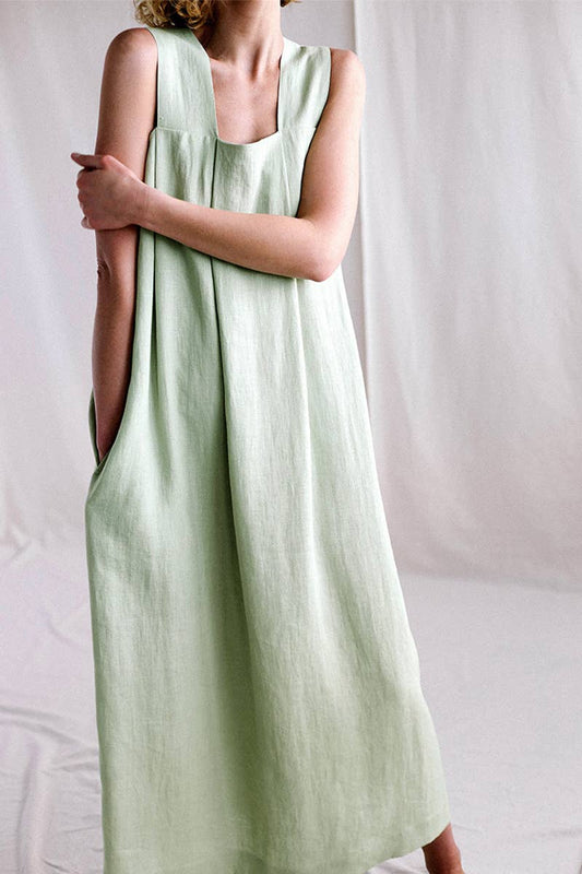 LOOSE LINEN SQUARE COLLAR SUSPENDERS DRESS