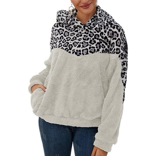 LEOPARD PRINT SPLICED DOUBLE-SIDED PLUSH HOODIE