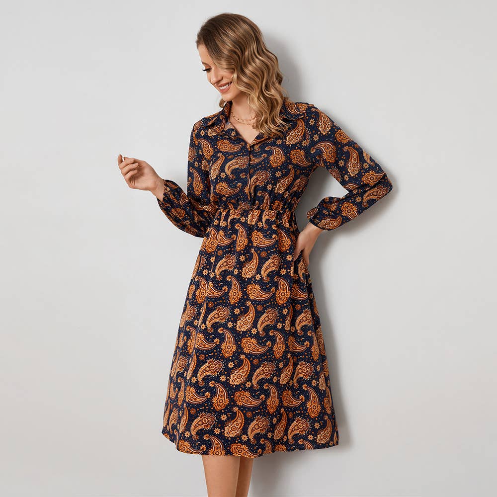 PRINTED A-LINE LONG SLEEVE FLORAL SHIRT DRESS