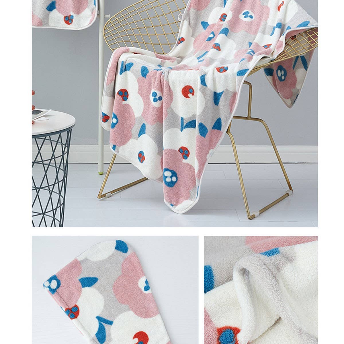 CORAL FLEECE PRINTED SHOWER CAP TOWEL BATH TOWEL