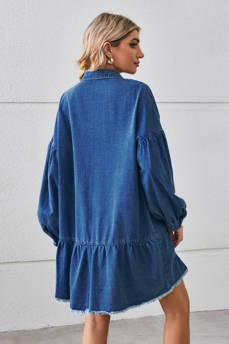 CWDSD10894_LOOSE DENIM FRAYED HEM LONG SLEEVE MIDI DRESS