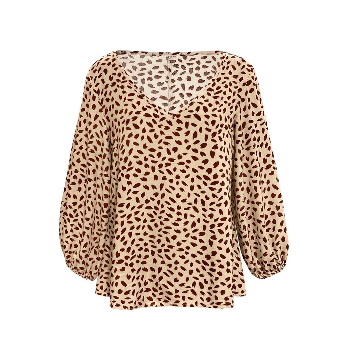 V-NECK LANTERN SLEEVE HEART PRINT CASUAL TOP