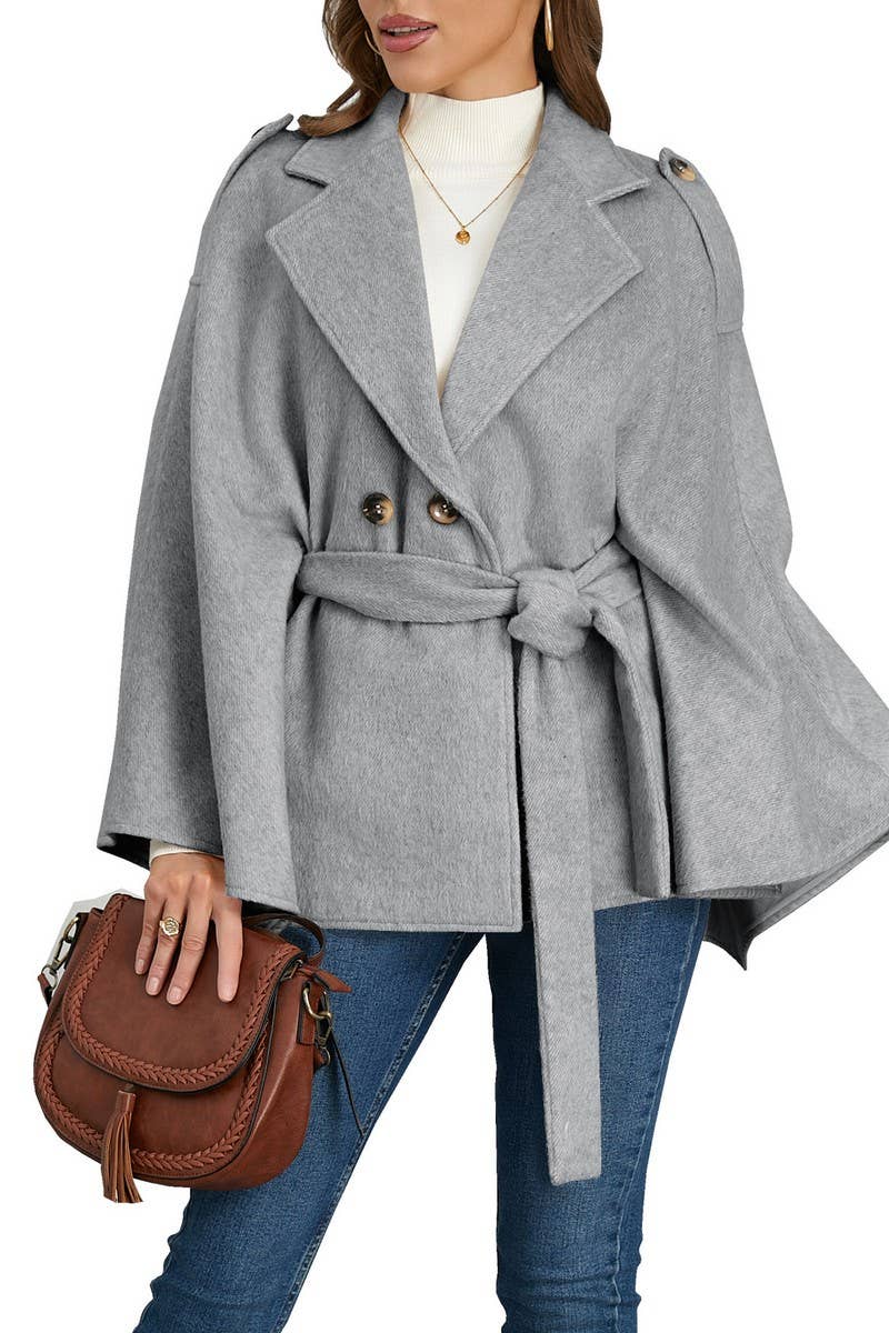CWOCO0941_SOLID COLOR BELTED LAPEL CAPE TWEED COAT