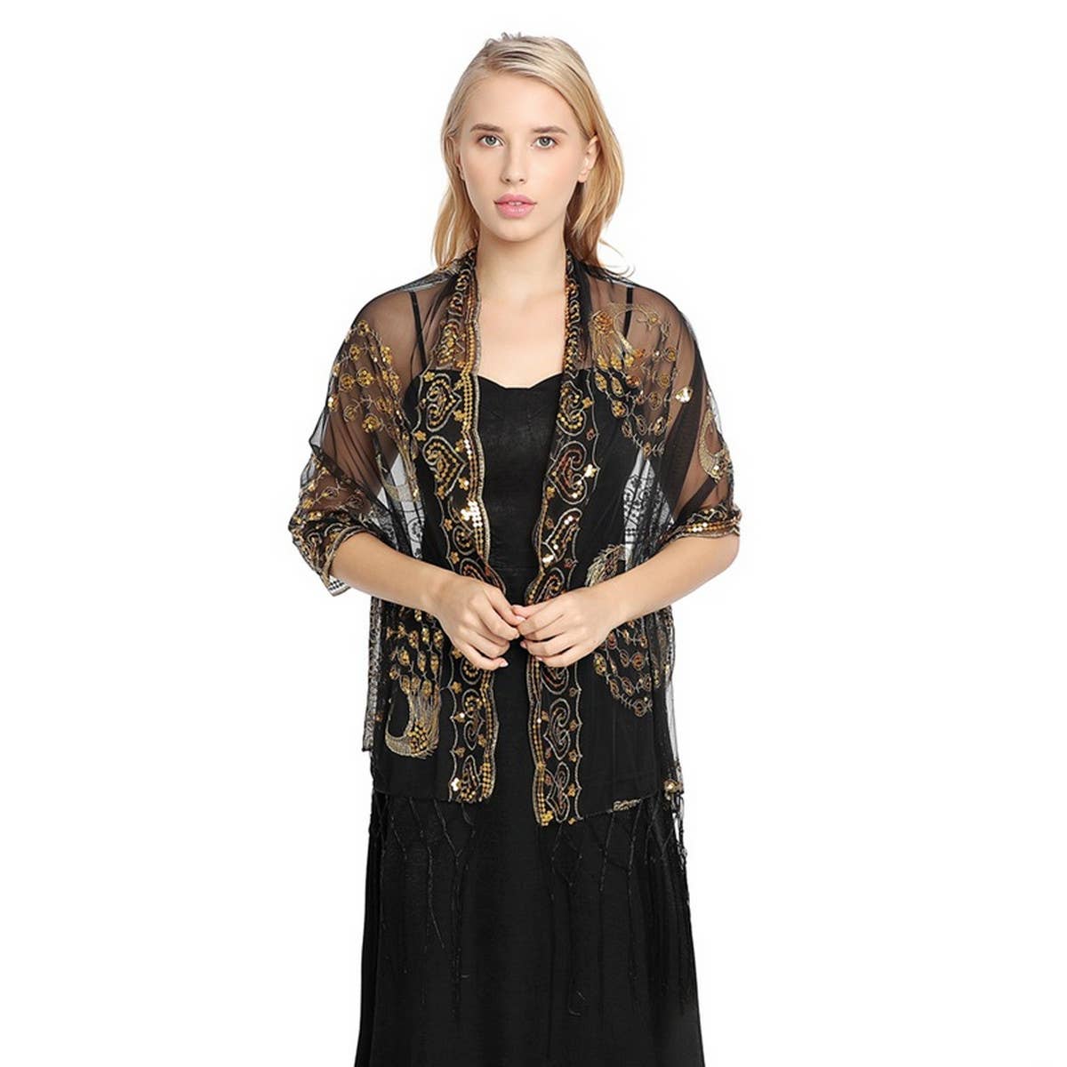 PEACOCK EMBROIDERED SEQUINED TASSEL CAPE_CWASC1077