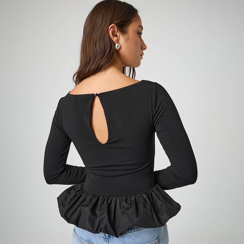 SOLID COLOR CREW NECK PATCHWORK LONG SLEEVE TOP