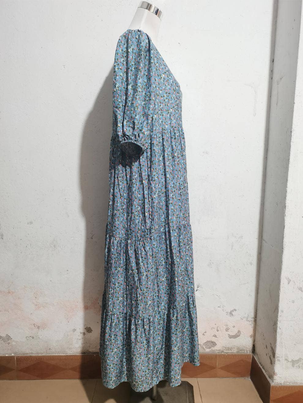 Puffy sleeve crew neck floral print long dress