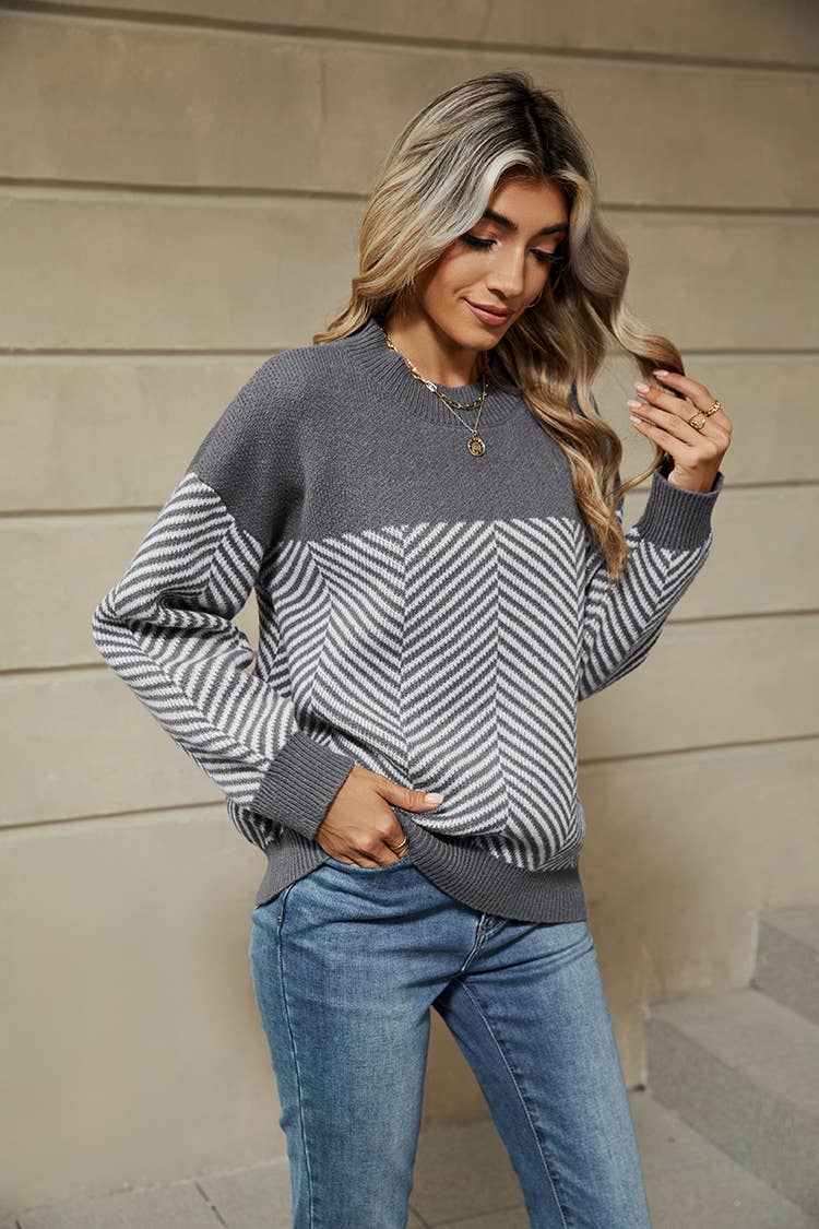 SLOUCHY STRIPED CASUAL LONG-SLEEVED KNIT SWEATER