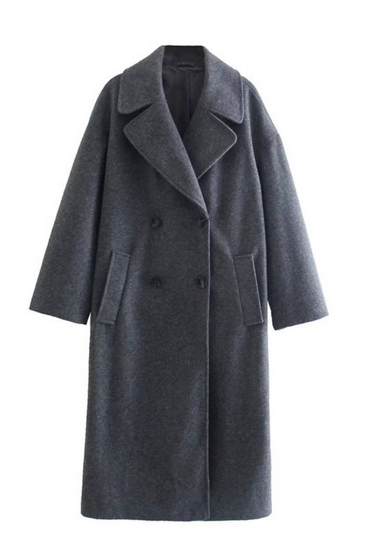 CWOCO1098_SOLID COLOR LAPEL LOOSE DOUBLE-BREASTED LONG COAT