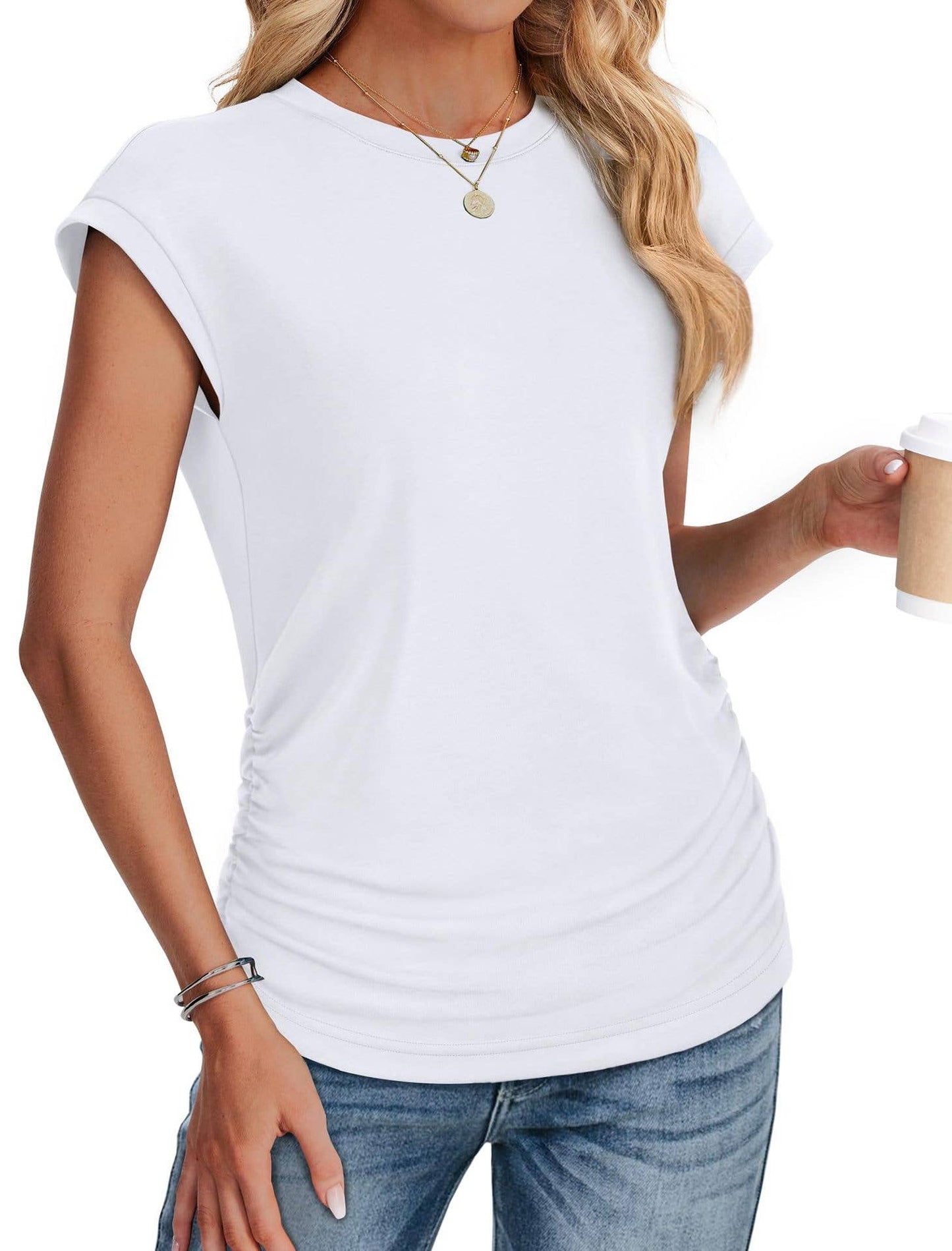 Solid color round neck waistline T-shirt