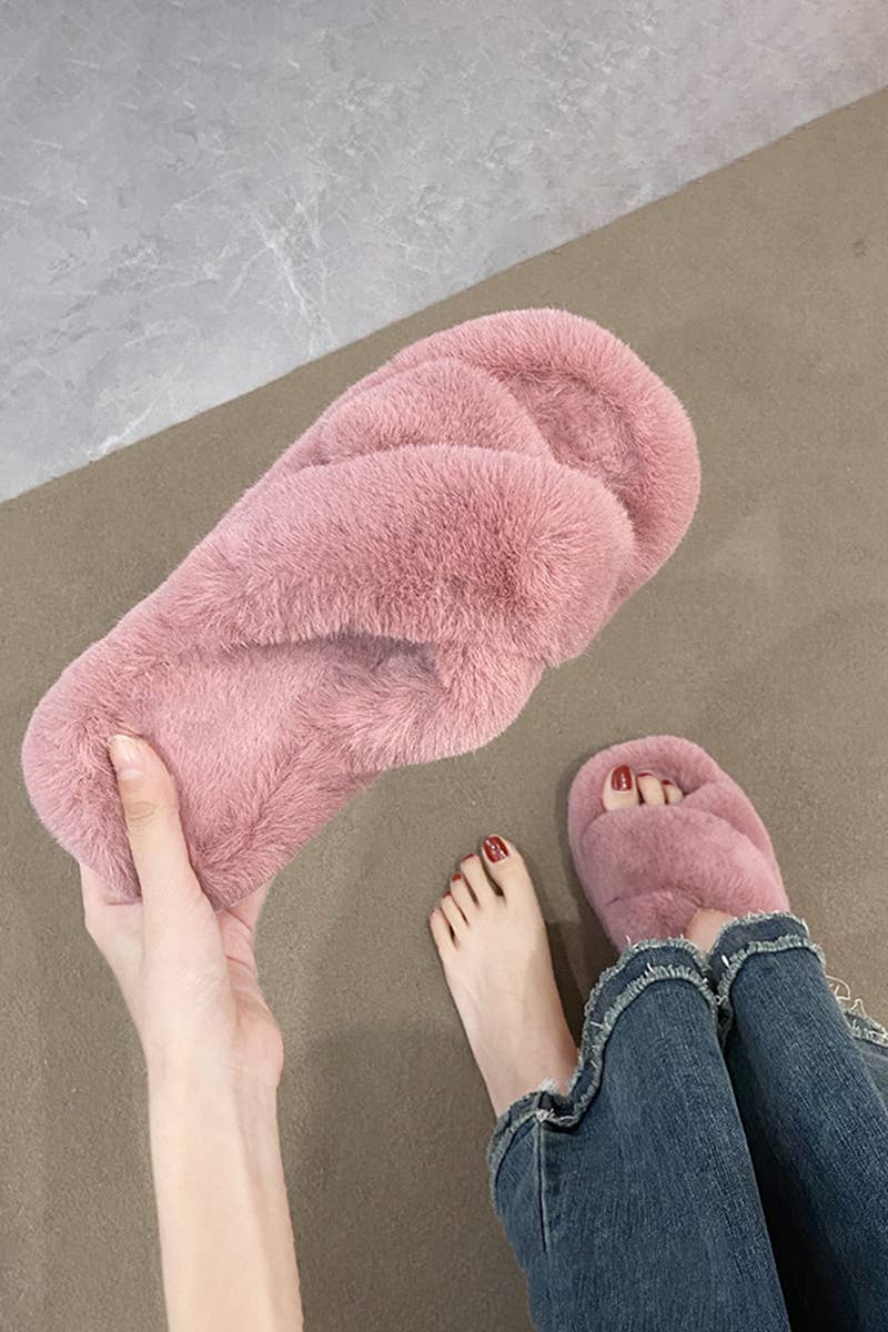 CROSS STRAP FLUFFY BEDROOM SLIPPERS