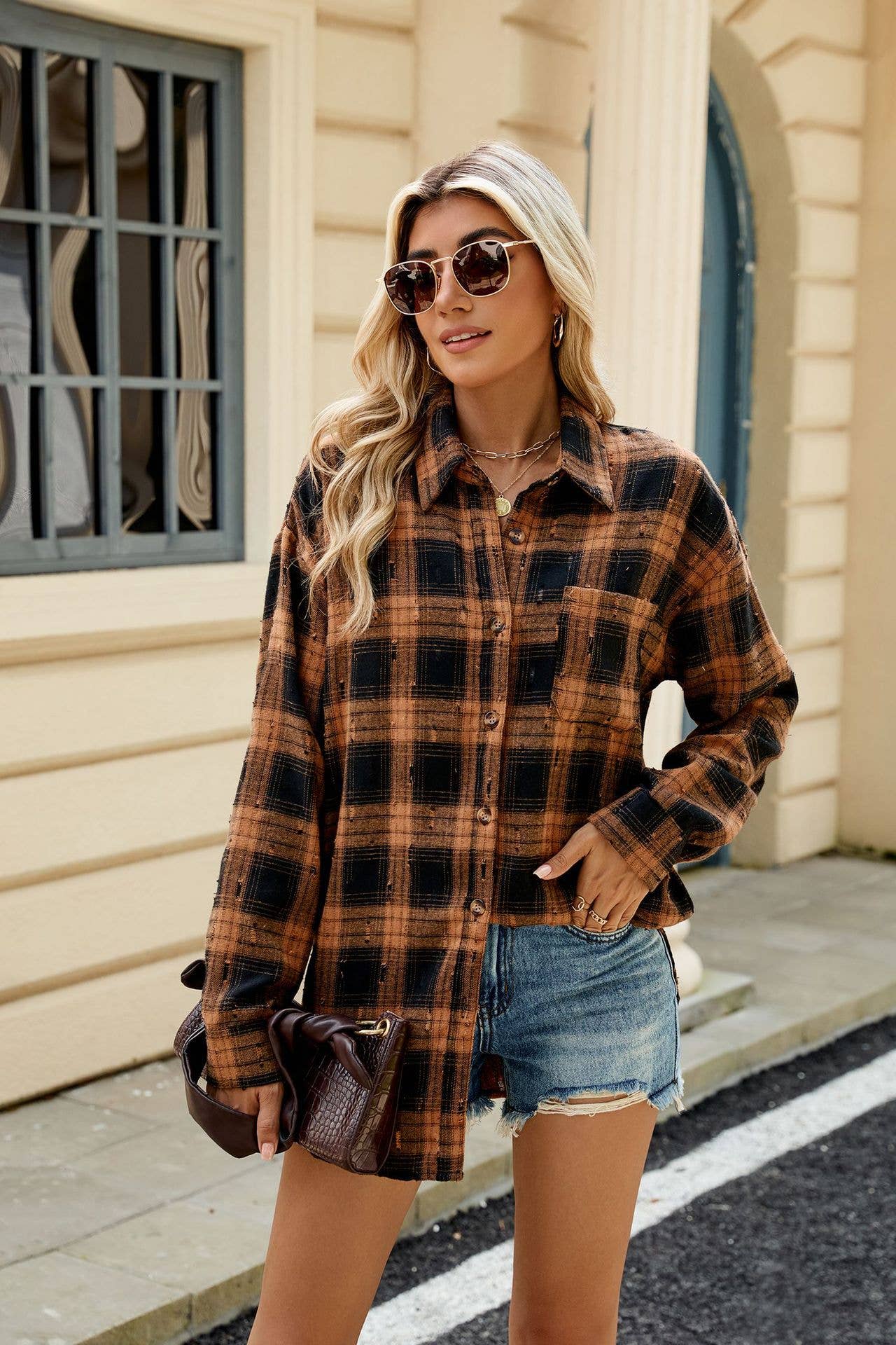 VINTAGE CROCHETED LONG-SLEEVED LAPEL PLAID SHIRT