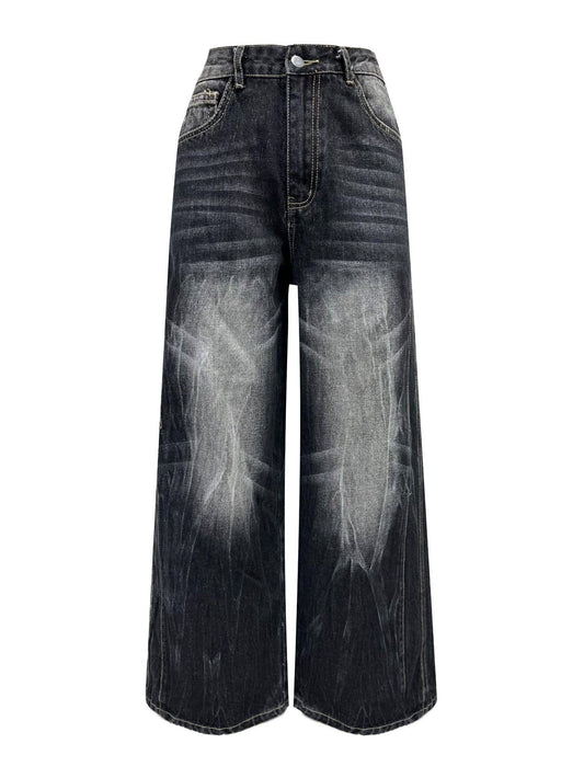High-waisted loose straight-leg denim trousers