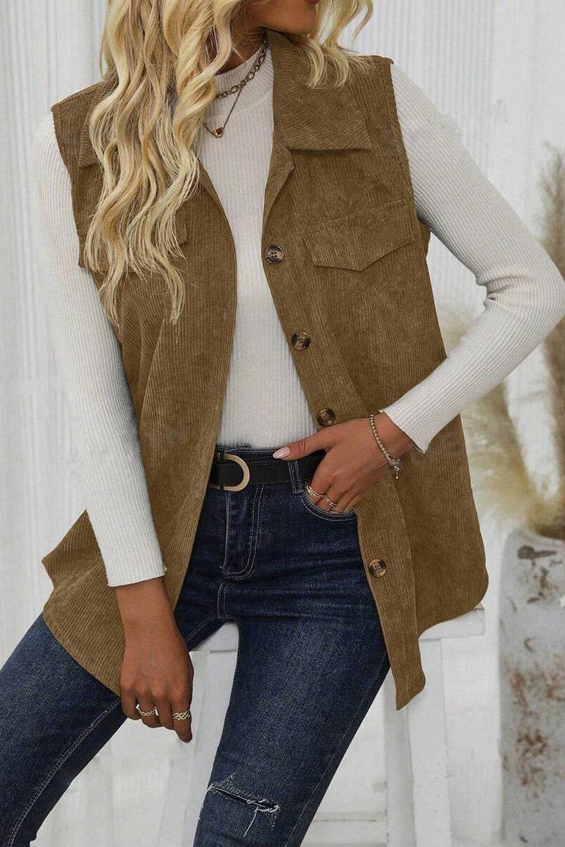 FLAP DETAILS BUTTON FRONT CORDUROY VEST COAT