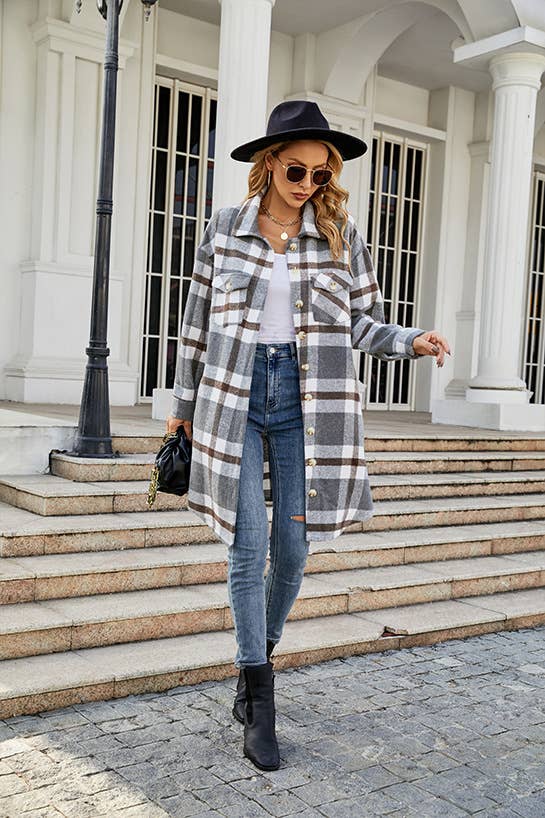 STYLE LAPEL PLAID WOOL SINGLE BREASTED LONG COAT