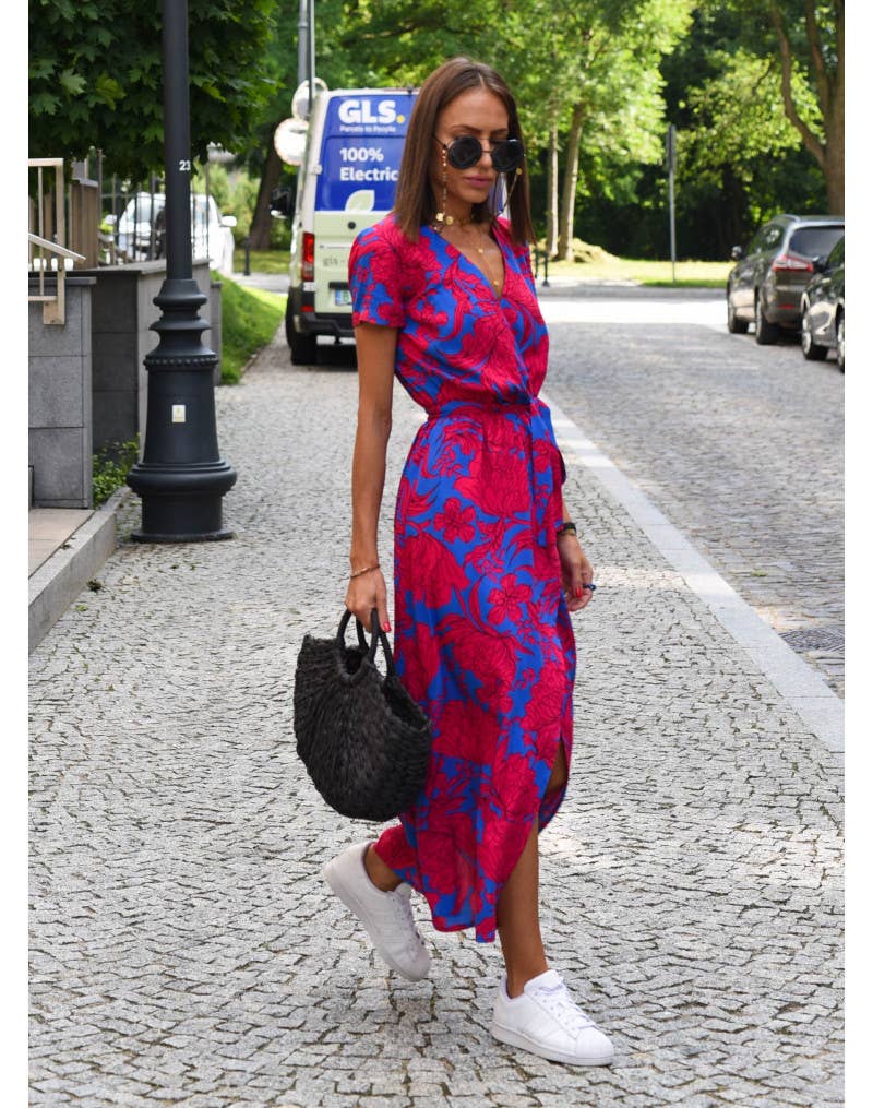 Abstract print V-neck lace-up long slit dress