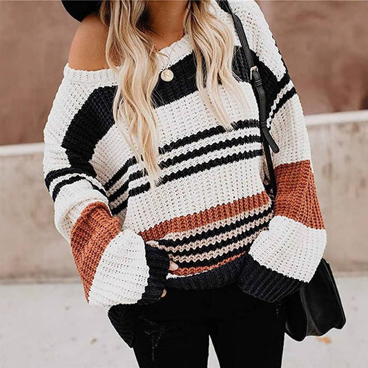 STRIPED COLOR CONTRAST KNIT CASUAL LOOSE SWEATER