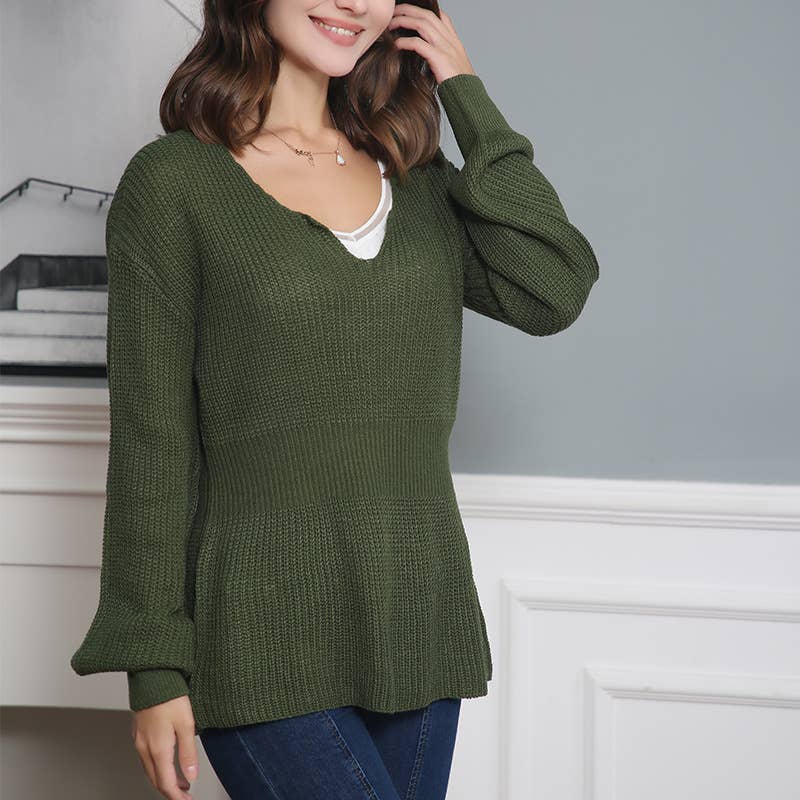 V-NECK SOLID COLOR LONG SLEEVE RUFFLED KNIT