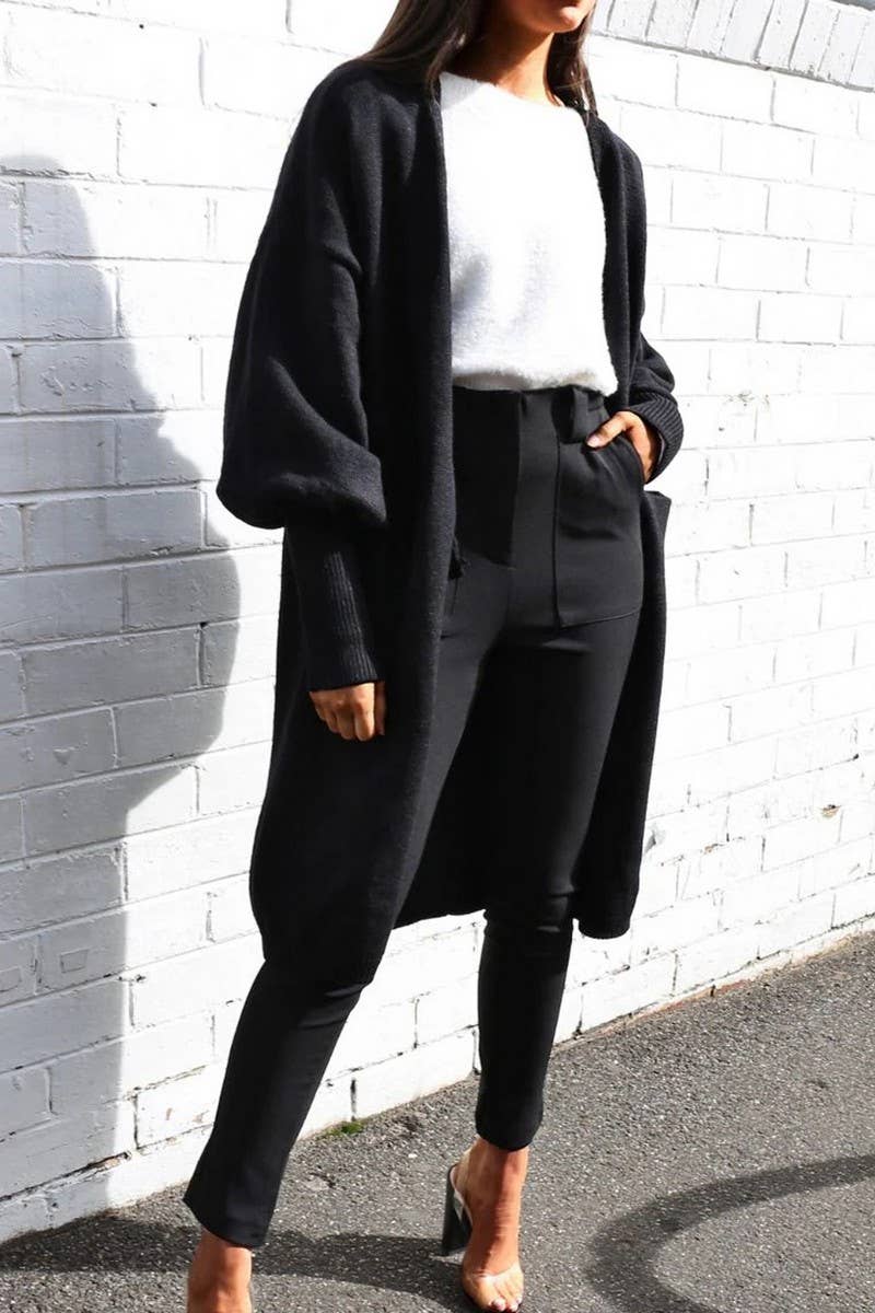 CWOCAL0821_PUFF SLEEVE  BUTTONLESS KNITTED CARDIGAN SWEATER