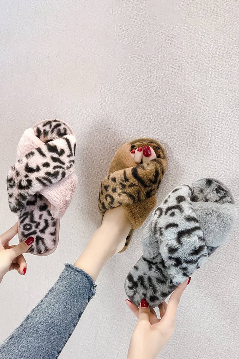 LEOPARD PATTERN CROSS FLUFFY HOME BEDROOM SLIPPERS