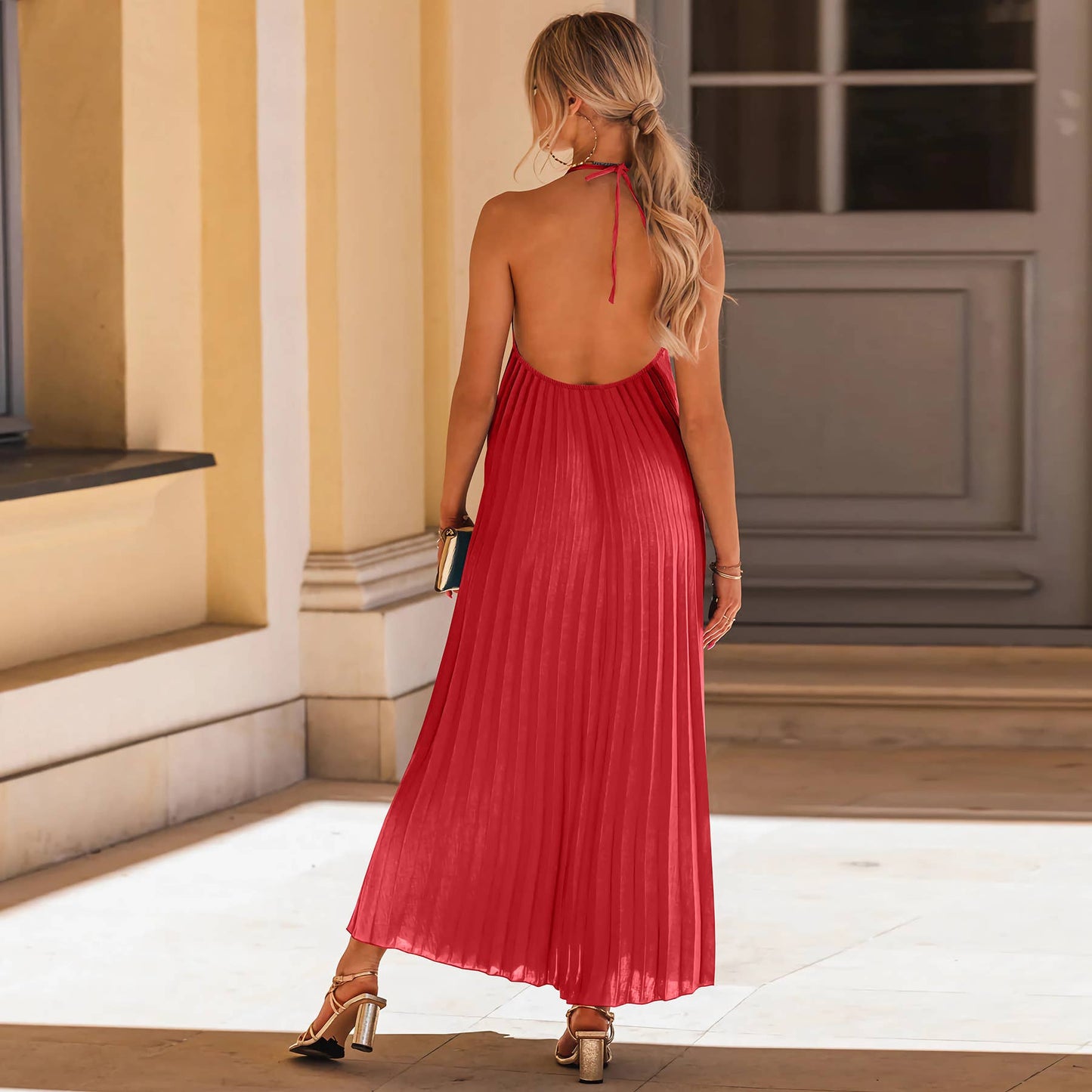 Pleated A-Line Maxi Dress for Beach Vacation